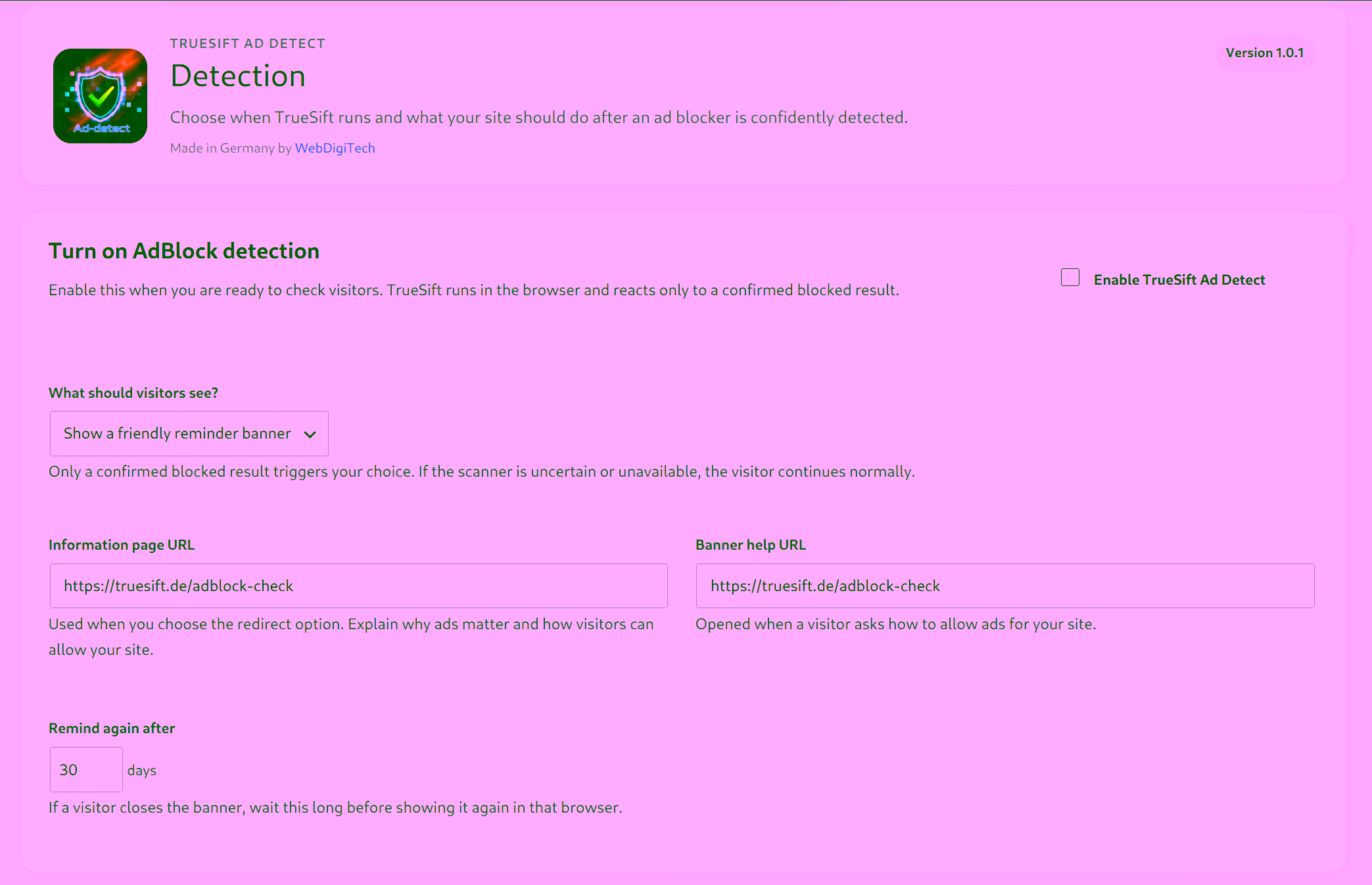 TrueSift Ad Detect Detection-Einstellungen in WordPress