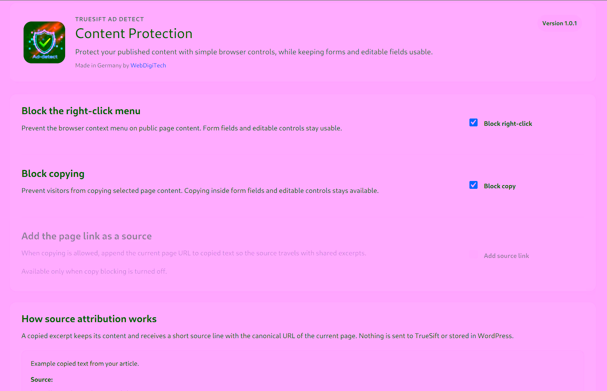TrueSift Ad Detect Content-Protection-Einstellungen
